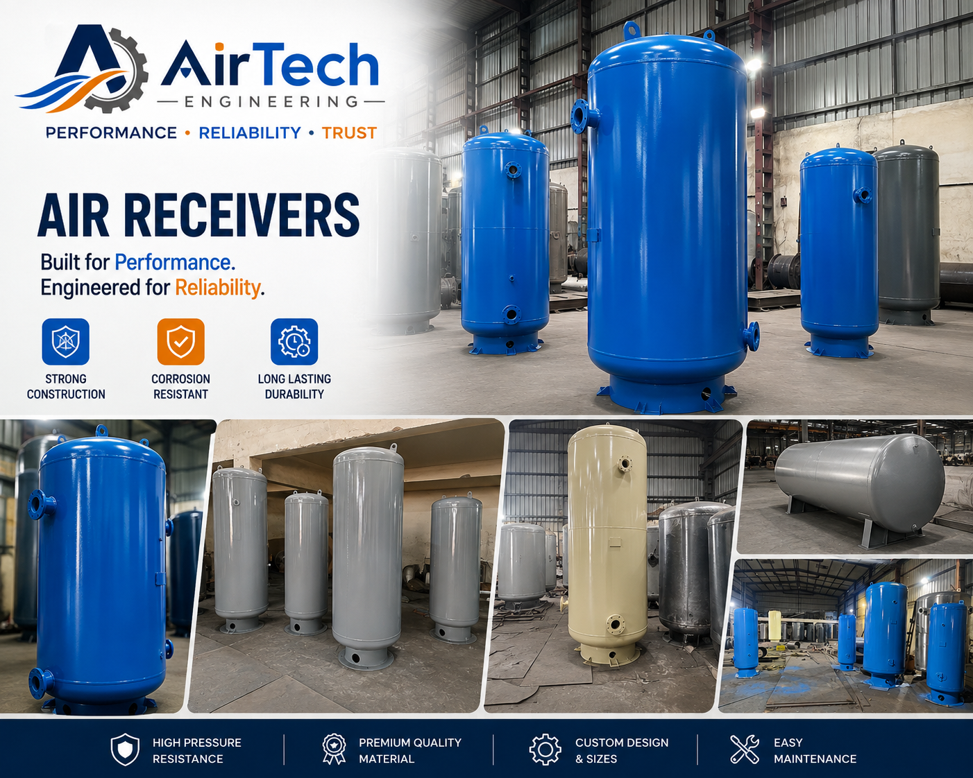 "Customized Air Receiver Tanks manufactured with premium quality steel. Designed for high pressure."